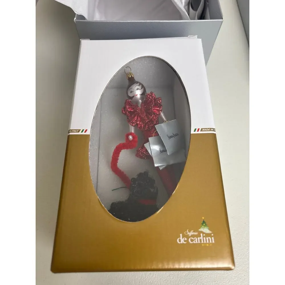 De Carlini Neiman Marcus Lady w/ Poodle Glass Ornament Red Outfit Italy Box Tags